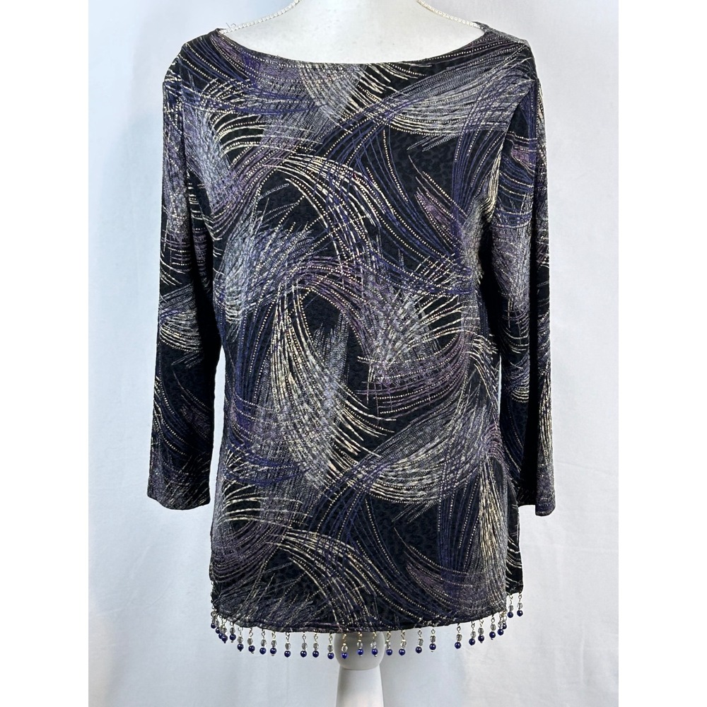Coldwater Creek Tunic Women M Black Purple Gold Excellent Beaded Fringe Swirl